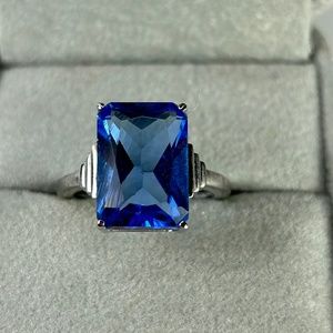 Sterling silver emerald cut lab created Ceylon sapphire